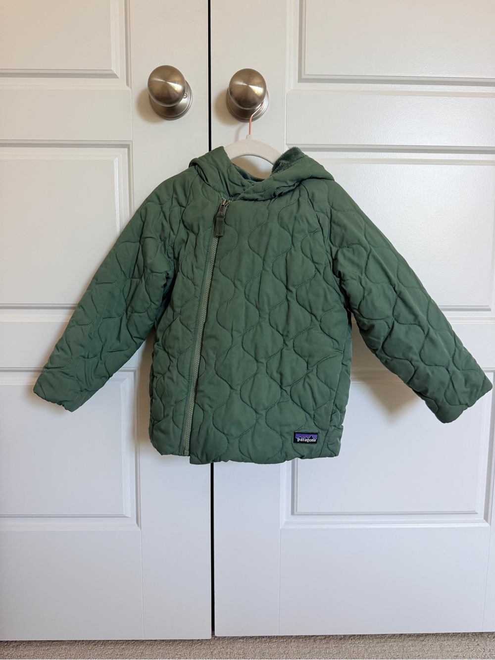 Patagonia Kids Olive Green Quilted Hooded Puffer Jacket